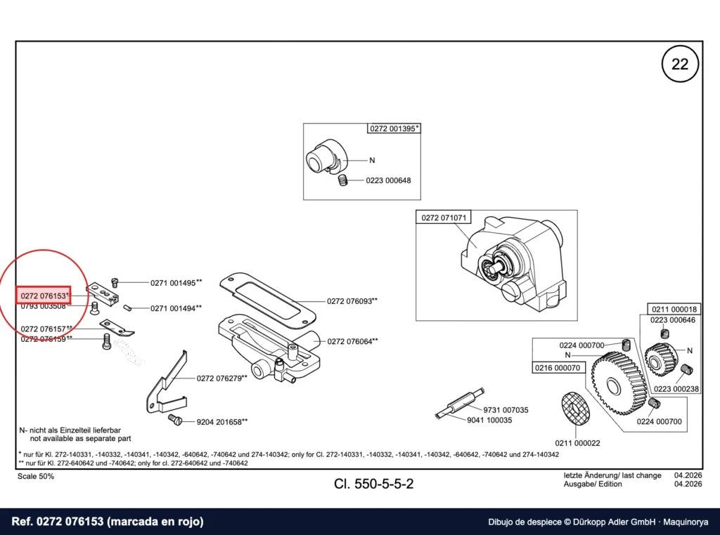 Dibujo de despiece Dürkopp Adler, referencia 0272 076153