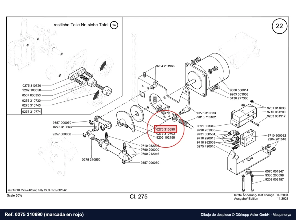 Dibujo de despiece Dürkopp Adler, referencia 0275 310690
