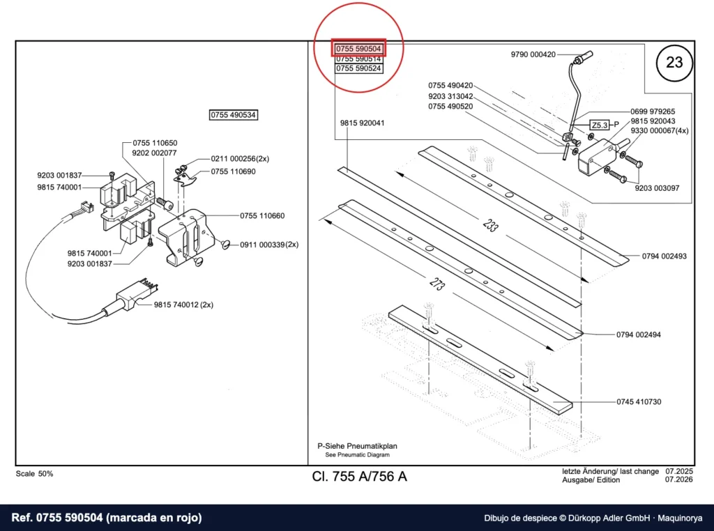 Dibujo de despiece Dürkopp Adler, referencia 0755 590504